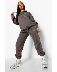 slogan print hooded tracksuit in charcoal