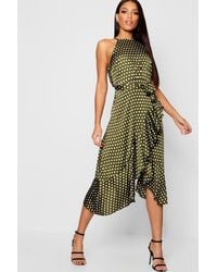 satin polka dot frill detail midi dress