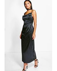 black satin cowl maxi dress