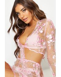 Boohoo Womens Flower Embroidered Mesh Tie Front Crop Top - Pink - 8 - Lyst