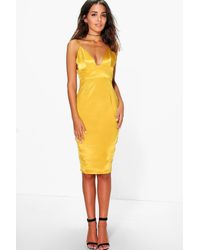 yellow satin bodycon dress