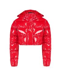 Boohoo Crop Vinyl Puffer Jacket in Red - Lyst