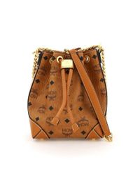 MCM Brown Logo Printed Chained Bucket Bag