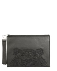 KENZO Large Hammered Leather Pouch With Logo in Black for Men - Lyst