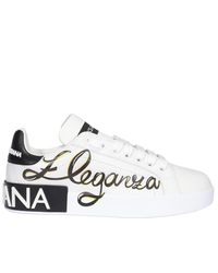 Dolce \u0026 Gabbana Leather Portofino Eleganza Logo Sneakers in White - Lyst