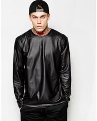 ASOS Black Skater Long Sleeve T-Shirt In Coated Leather Look Fabric for men