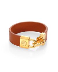Tory Burch | Brown Saffiano Leather Lock Closure Bracelet | Lyst