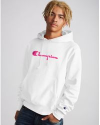 champion reverse weave chenille logo pink hoodie