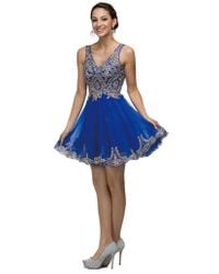 Dancing Queen Blue 9422 Metallic Embroidered V-neck Tulle Cocktail Dress