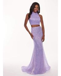 Rachel Allan Purple 6450 Two Piece Sequined High Halter Trumpet Dress