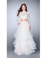 La Femme Black Romantic Lace High Illusion Tiered Long Evening Gown