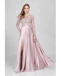 Terani Couture Pink Long-sleeve Beaded Long Gown With Side Slit 1712m3428.