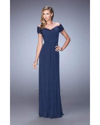 La Femme Blue Jeweled Lace Off Shoulder Gown 21613
