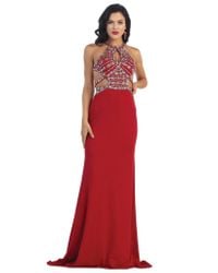 May Queen Red Crisscrossed Cutout Jeweled Sheath Prom Gown