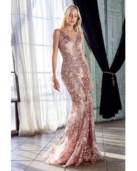 Cinderella Divine Pink Ht062 Fitted Lace Sequined V-neck Trumpet Silhouette Gown