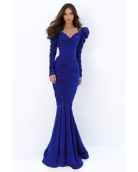 Tarik Ediz Blue 93883 Ruched Sweetheart Long Sleeves Dress