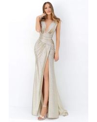 Tarik Ediz Metallic 93922 Plunging V-neck Ruched Dress With Slit