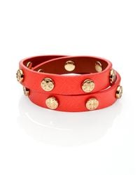 Tory Burch | Red Logo Stud Saffiano Leather Double-wrap Bracelet | Lyst