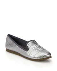 Tory Burch | Cowley Metallic Leather Embossed Logo Slippers | Lyst