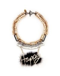 Venna | Metallic 'Happy' Slogan Fur Pendant Multi Chain Necklace | Lyst