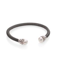 Majorica | Gray 8Mm White Pearl & Leather Cuff Bracelet | Lyst