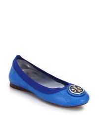 Tory Burch | Blue Caroline Snake-embossed Leather Logo Flats | Lyst