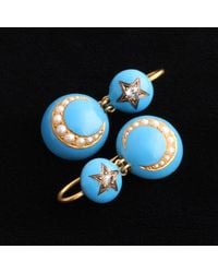 Erica Weiner Victorian Blue Enamel Diamond Star And Pearl Crescent Earrings