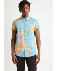 world map shirt forever 21 Forever 21 Reverse Map Print Cotton Shirt In Blue Orange Blue world map shirt forever 21