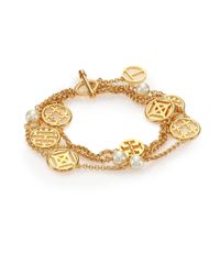 Tory Burch | Metallic Charm & Faux Pearl Triple-strand Station Bracelet | Lyst