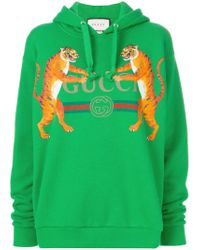 Sudadera con capucha y logo y tigre estampado Gucci de Algodón de color  Verde | Lyst