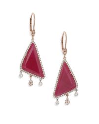 Meira T | Pink Ruby & 14k Rose Gold Triangle Dangling Leverback Earrings | Lyst