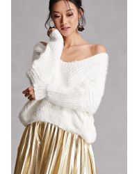 white fuzzy off the shoulder sweater