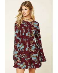 Forever 21 Floral Print Skater Dress Burgundy Depop