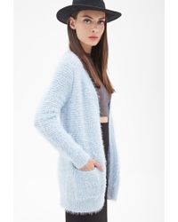 blue fuzzy cardigan