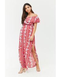red floral off the shoulder maxi dress