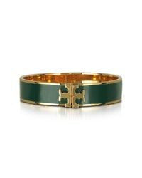 Tory Burch - Raised Logo Banyan Green Enamel Thin Cuff Bracelet - Lyst