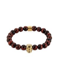 Northskull - Brown Red Tiger Eye & Perforated Gold Skull Charm Bracelet for Men - Lyst