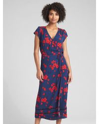 Gap Lace Floral Print Midi Wrap Dress in Navy Floral (Blue) | Lyst