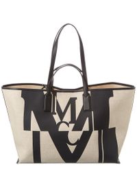 MCM Logo Glitch Medium Canvas & Leather Shopper Tote in White | Lyst
