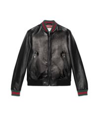 Veste en cuir avec ruban Web Gucci pour homme en coloris Brown
