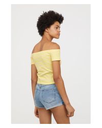 yellow and white striped off the shoulder top