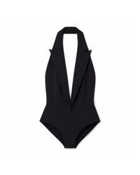Amazuìn Blue Helmut Compact Stretch Jersey Halter-Neck Bodysuit With Lapel Collar