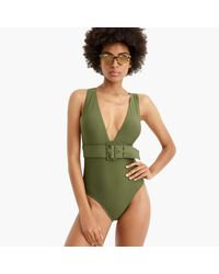 J Crew Synthetic Belted Plunge V Neck One Piece Swimsuit In Navy Blue Lyst