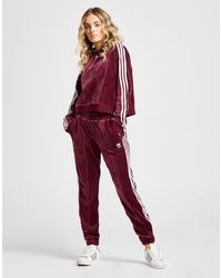 Adidas Originals Red 3-stripes Velvet Crop Overhead Hoodie