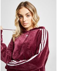 Adidas Originals Red 3-stripes Velvet Crop Overhead Hoodie