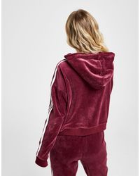 Adidas Originals Red 3-stripes Velvet Crop Overhead Hoodie