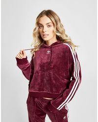Adidas Originals Red 3-stripes Velvet Crop Overhead Hoodie