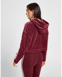 Adidas Originals Red 3-stripes Velvet Crop Overhead Hoodie