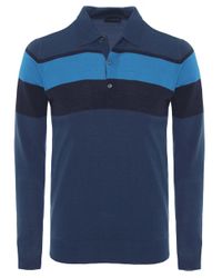 John Smedley Blue Long Sleeve Pelton Stripe Polo Shirt for men