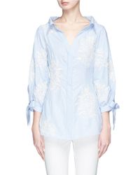 Alice + Olivia Blue 'toro' Floral Embroidered Tie Cuff Shirt